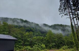 雲低くかかる山